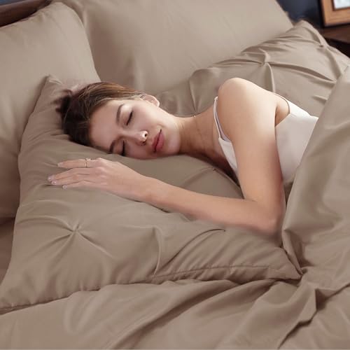 Image of Bedsure Full Size Comforter Sets Khaki - Bed in a Bag Full Size Bedding Set 7 PCS, GentleSoft Pintuck Bed Set Gift for Family, All Season Down Alternative Comforter with Sheets, Pillowcases & Shams