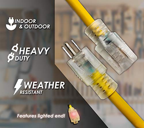 50 Ft Power Extension Cord Outdoor & Indoor Heavy Duty 10 Gauge/3 Prong Sjtw (Yellow) Lighted End Extra Durability 15 Amp 125 Volts 1875 Watts By Lifesupplyusa #TOP5