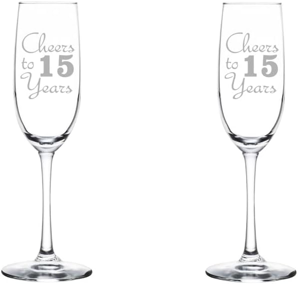 MIP Set of 2 Glass Champagne Flutes Sparkling Wine Glasses Anniversary Cheers 15 Years (8.5 oz Stemless)