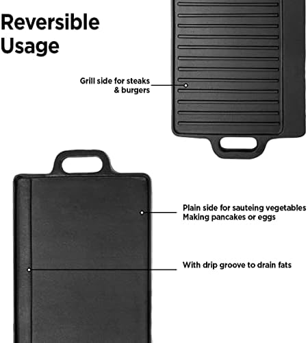 Cast Iron Griddle Plate for Gas Hob, Pre-seasoned Reversible Cast Iron Griddle Pan, Rectangular Plate Grooved to Drain Fats for Healthy Food Large Grill Pan & Steak Pan 45cm X 23cm