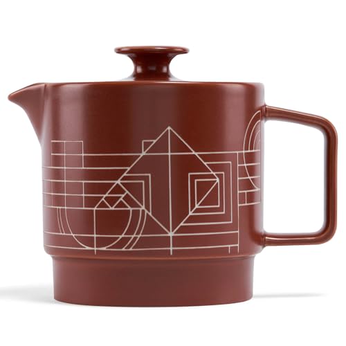 Image of Tea Forte Ceramic Teapot with Infuser, Frank Lloyd Wright, 20 oz | Sienna Etched Ceramic Teapot & Lid - Gold Loose Leaf Tea Infuser - Microwave & Dishwasher Safe