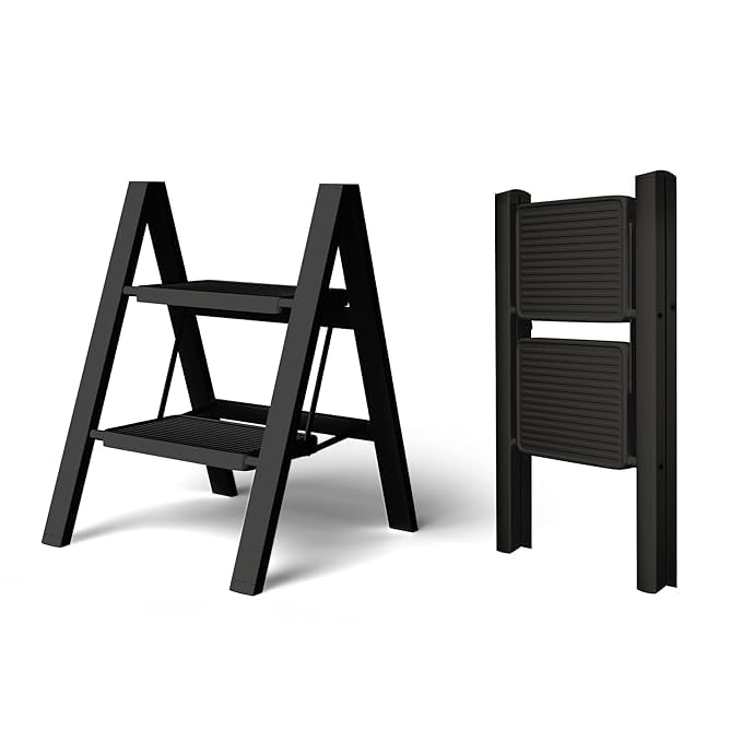 2 Step Folding Ladder with Anti-Slip Steps, Heavy Duty Steel Frame | Compact & Portable Step Stool | Foldable & Space Saving Design | 150 kg Load Capacity for Home, Office (Black)-picture-10