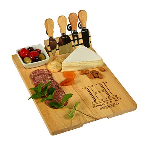 Custom Personalized Engraved Hardwood Cutting Board with Cheese Knives, Cheese Markers & Ceramic Dish - Designed and quality Checked in The USA