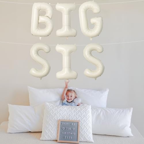 Image of 40 Inch Cream BIG SIS Balloons, Large Beige Neutral Big Sis Balloon Letters Sign with Ribbon, Ivory White Sand Baby Girls Balloon for Her Birthday Baby Shower Gender Reveal Party Decoration Supplies