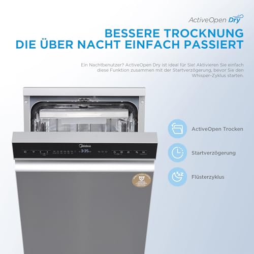 Midea Spülmaschine 45 cm MDWEF1034DSS-WE, Geschirrspüler Freistehend 10 Maßgedecke, Besteckkorb, höhenverstellbarer Oberkorb, Aqua-Stopp, Startzeitvorwahl, Silber [Energieklasse C]