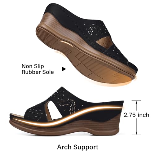 Image of TEMOFON Women Wedge Sandals Dressy: Comfortable Lightweight Summer Shoes | Low Wedge Heel - Fit Wide Feet - Comfy Stylish Slip on Sandals Size 5-11