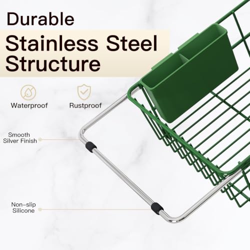 Image of JASIWAY Green Dish Drying Rack in Sink with Drainboard and Utensil Holder