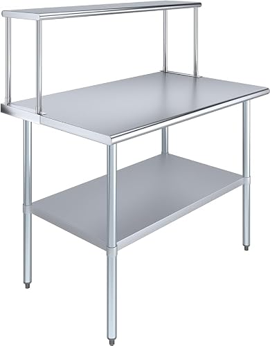 Express KitchQuip Stainless Steel Work Table with Wide Single Tier Overshelf | Metal Kitchen Prep Table & Shelving Combo (30" x 48" Work Table + 12" Overshelf)