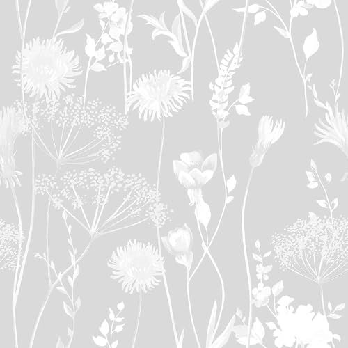 Image of Meadowsweet Floral Grey Wallpaper - Naturistic Botanical Petals Flowers - Trendy Stylish Feature Wall