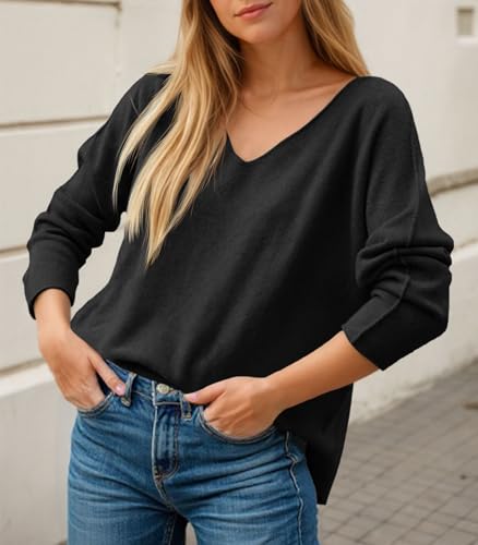 Saodimallsu Womens Fall Sweaters V Neck Long Sleeve Casual Loose Lightweight Soft Pullover Sweater Knit Tops3