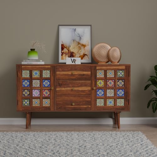 Image of VAP Solid Sheesham Wood Sideboard Cabinet with Glass Doors & 3 Drawers | Wooden Crockery & Buffet Cabinet For Living Room, Dining Room & Kitchen | Modern Crockery Cabinet | Honey Finish