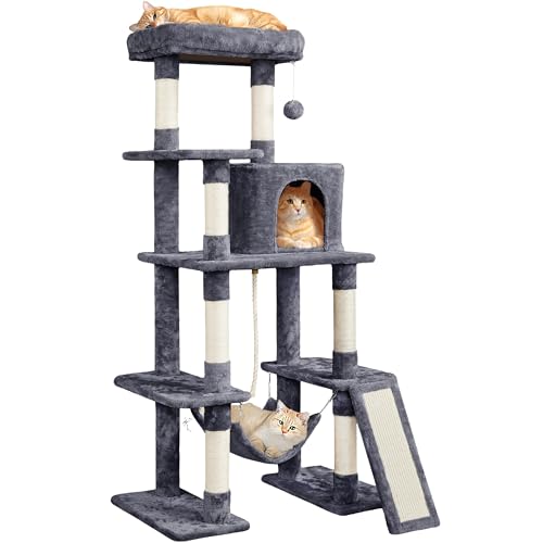 Image of Yaheetech 54in Cat Tree Tower for Large Cats, Multi-Level Condo & Hammock | Sisal scratching posts, roomy condo holds up to 22 lb, a wide 21-inch top perch fit large cats, dark gray