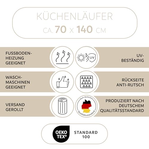 DOMOPRIMA Teppichläufer 70x140 cm – Moderne Designs – 98% Baumwolle (BCI), 2% Polyester – Waschbar – Fußbodenheizung – OEKOTEX – Wohnzimmer, Flur, Küche & Schlafzimmer (grau-Creme)