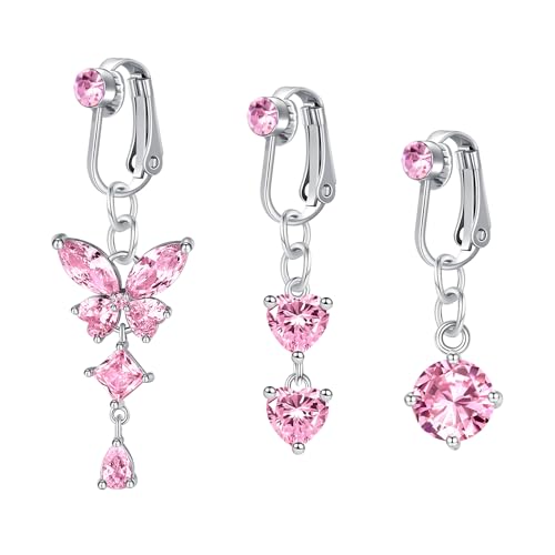 WillTen 3Pcs Fake Bauchnabelpiercing Rosa Chirurgenstahl Bauchnabelpiercing Clip Schmetterling Herz Dangly Bauchnabel Piercing Clip On Bauchnabel piercing Fake Belly Piercing für Frauen