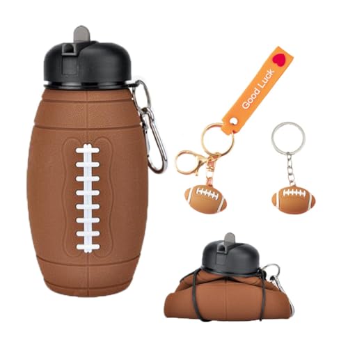 Garrafa de água dobrável de silicone, garrafa de água de silicone com design rúgbi, 550 ml, sem BPA, dobrável, à prova de fugas, para meninos e meninas com classificação de corrente porta-chaves rugby