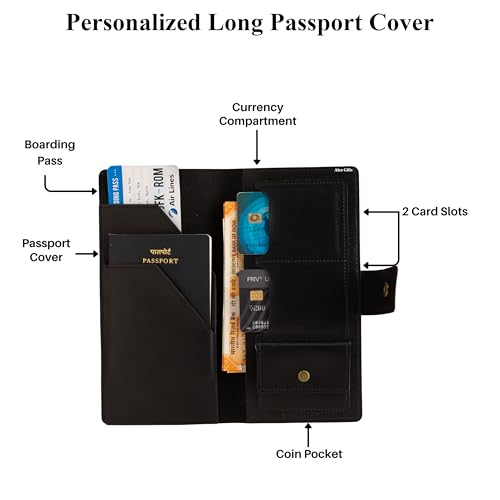 Image of AICA Personalized Name & Charm Long Leather Wallet Passport Cover (Black) with Passport Boarding Pass Organizer Currency Card & Coin Holder for Men & Women | Birthday Anniversary Travel Office Gifts