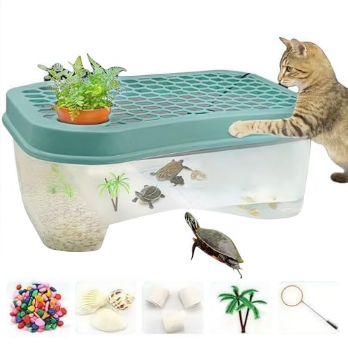 大型 亀の水槽 爬虫類ケース 亀 飼育ケース 大容量40/60/75cm 脱走防止 カバー付き PP 透明 軽量 透気 ファッション 多機能 両生飼育箱 カナヘビ 簡単組み立て お手入れ簡単 初心者向け 階段 日光浴 観察 水陸両用繁殖ボックス 金魚ボッ