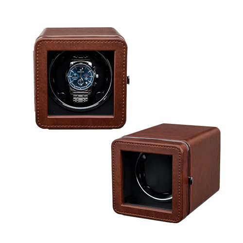 Mcbazel Enrollador de Relojes Automático con Luz LED – Watch Winder Caja Giratoria para un Solo Reloj, Motor Silencioso, 4 Modos de Rotación, Caja de Reloj en Piel PU - Marrón