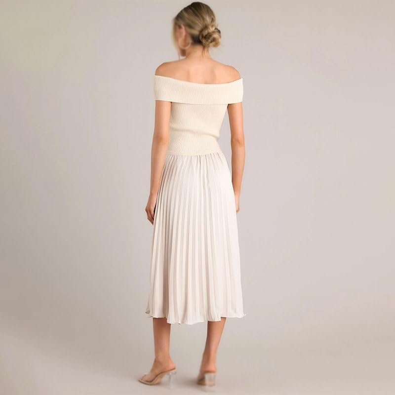 JSEIAJB Tube Top High-Waisted Pleated Skirt Set Sleeveless Bodycon Knit Versatile Set Chic Elegant Stretchy Outfit for Office Party(D,Medium)