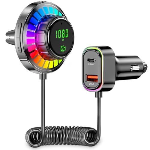Adapter Bluetooth samochodowy transmiter FM ze światłem RGB – zestaw głośnomówiący Bluetooth 5.3, PD30W USB-C i QC3.0, ładowarka samochodowa, adapter Bluetooth do iPhone Android radio samochodowe