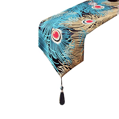 Camino De Mesa De Poliéster, Diseño De Plumas De Pavo Real Azul, Borla Jacquard, Decoración del Hogar, Mantel De Comedor,32x160cm para la Cena Fiesta decoración de la Boda Mesa de Comedor Mane Cover