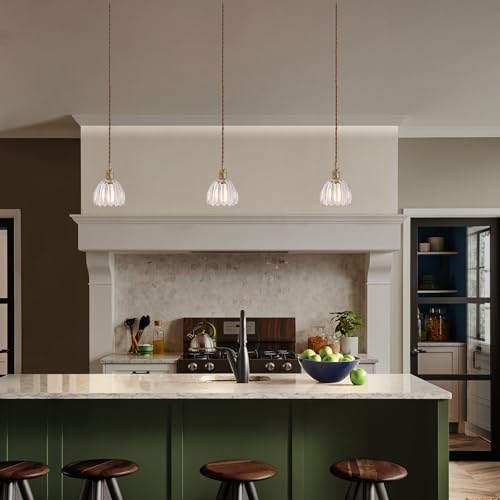 Image of Shenmoyl Pendant Light with Clear Tulip Glass Lmapshade, Brass Vintage Pendant Light Adjustable Hanging Light for Kitchen Island Dining Room Hallway