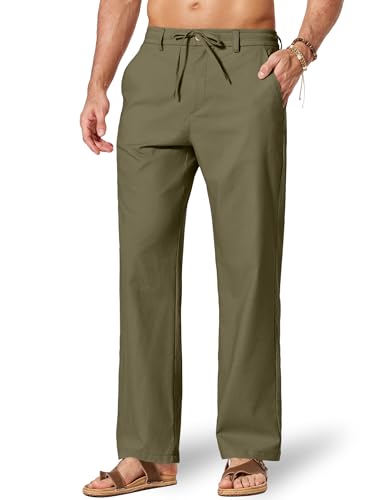 Image of COOFANDY Men's Cotton Linen Trousers Summer Elasticated Waist Drawstring Pants Casual Beach Lightweight Trousers Olive Green L