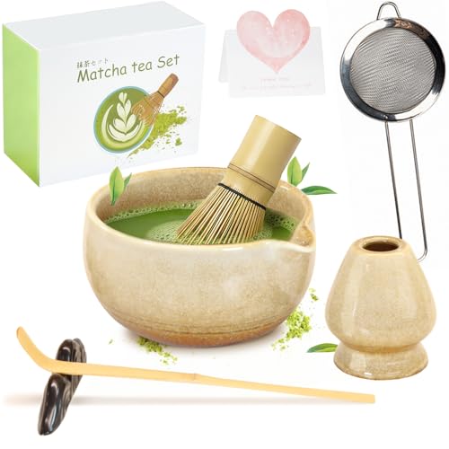 Matcha Set Handgedrehtes Macha Tea Set mit Bambus Matcha Besen Keramik Matcha Schale Löffel und Halter 7 Stk Prämie Ceremonial Matcha Set (Beige)
