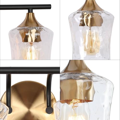 Image of KSANA 28 inch Large Bathroom Vanity Lights, 4 Light Mid-Century Modern Vanity Light with Textured Glass Shade Black and Electroplated Brass Bathroom Light Fixtures for Hallway, Entryway