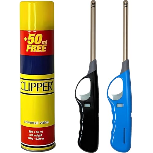 BML 2 x Candle Lighters Long Reach Adjustable Flame Safety Lock Windproof Refillable for Kitchen BBQ Candles Camping Gas Stove Outdoor Cooking with Clipper 300ml Gas Canister (Assorted Colours)