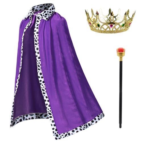 King Costume for Kids Robe Crown Scepter Set Boys Royal Prince Cape Dress Up Cosplay Purple