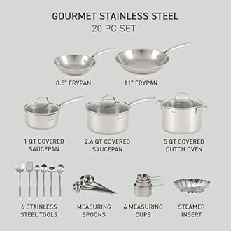 T-fal Gourmet Stainless Steel Cookware Set: 20-Piece Kitchen Essentials, Induction Compatible, Dishwasher Safe, Oven Safe to 500F, Durable Pots and Pans with Steamer for Versatile Cooking