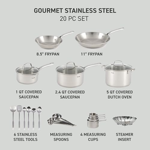 T-fal Gourmet Stainless Steel Cookware Set: 20-Piece Kitchen Essentials, Induction Compatible, Dishwasher Safe, Oven Safe to 500F, Durable Pots and Pans with Steamer for Versatile Cooking