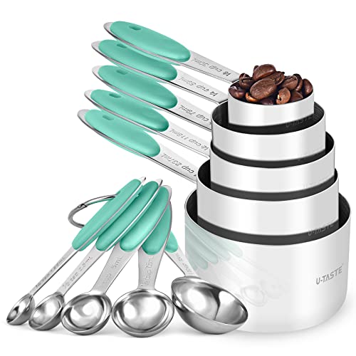 Measuring Cups and Spoons Set: U-Taste 18/8 Stainless Steel 10 Pieces Metal Stacking Kitchen Baking Cooking Food Measure Set 5 Cups 5 Spoons with Strengthened Weld Joints (Aqua Sky, Upgraded Version)
