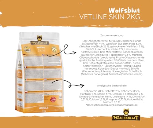 Wolfsblut Vetline Hundefutter - Skin & Coat, 2x2kg - Sparbundel, Sparpaket - inklusive Warnicks Tierfutterservice Hundesnack Goodie