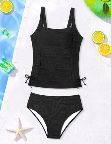 Image of Girls Tankini Swimsuit Solid Color Blocking Two Piece Bathing Suit Ruched Slimming Teen Girls' Swimwear for 9-18Years
