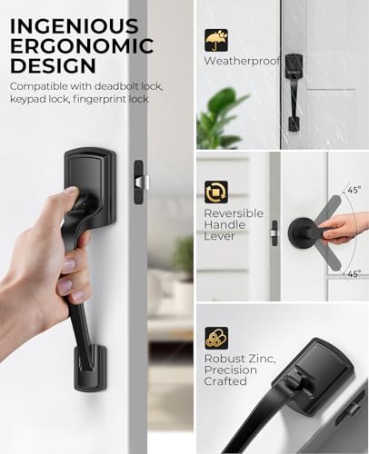 Image of Black Front Door Handle No Lock, Heavy Duty Front Door Lock Set | Exterior Door Handle No Lock for Every Deadbolt, Zinc Exterior Door Lock, Entry Handleset with Lever, Easy Install, Universal