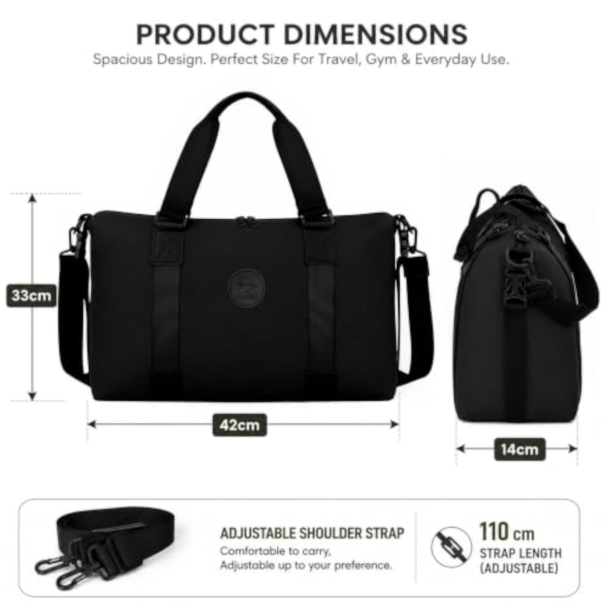 Travel Duffel Bag Black, 42x33x14 Cm