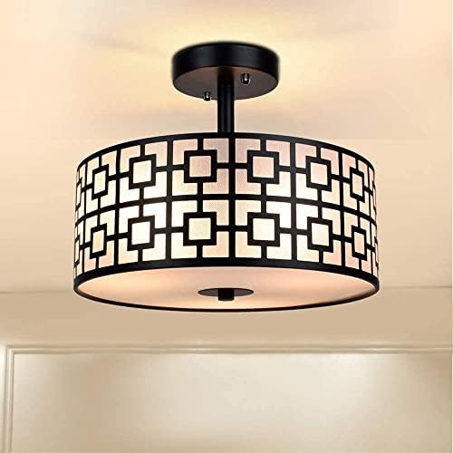 Modern Semi Flush Ceiling Light Fixture, 3-Light Bedroom Ceiling Drum Light, Entry Light Fixtures Ceiling Hanging for Dining Room, Kitchen, Hallway, Entry, Foyer, Living Room, Black Finish