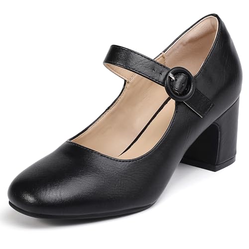 IDIFU IN3 Mary Jane Pumps Closed Toe Low Short Chunky Block Dress Shoes for Women Wedding Bridal Flight Attendant Heels Formal Cute Round Toe Vintage Small Thick Pumps Heels with Round Buckle