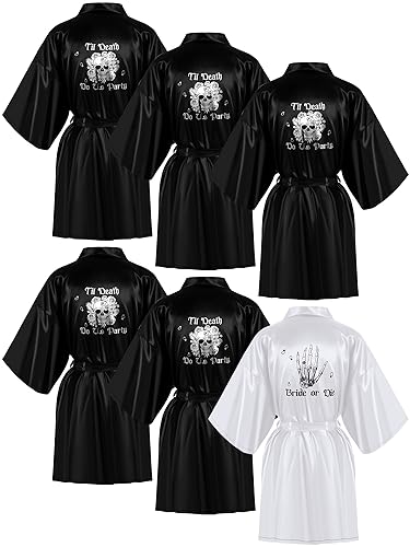 Panitay 6 Pcs Bridesmaids Robes Till Death Do Us Party Bachelorette Bride or Die Bachelorette Party Robes Skull Black White Bride Robe for Bridal Shower Gothic Wedding Decor Dress