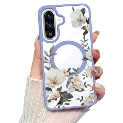 Image of VONZEE Compatible with Samsung Galaxy A37 5G Case Luxury Retro Flowers Floral Clear for Magnetic Wireless Charging Case Shockproof PC+TPU Cute Glossy Shiny Cover for Girls Women, Official Blue