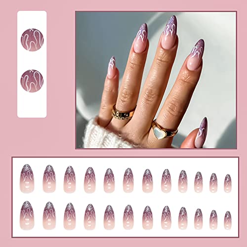 24 Pcs Almond Press On Nails Medium French Tips Fake Nails Purple Glossy Acrylic False Nails White Flame Pattern And Multicolour Glitter Design Sticke On Artificial Nails For Women And Girl #TOP4