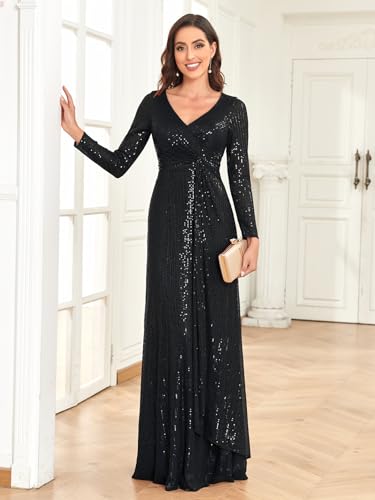 Glitter Sequin Formal Evening Gown Long Sleeve V Neck Wedding Guest Dress for Women4