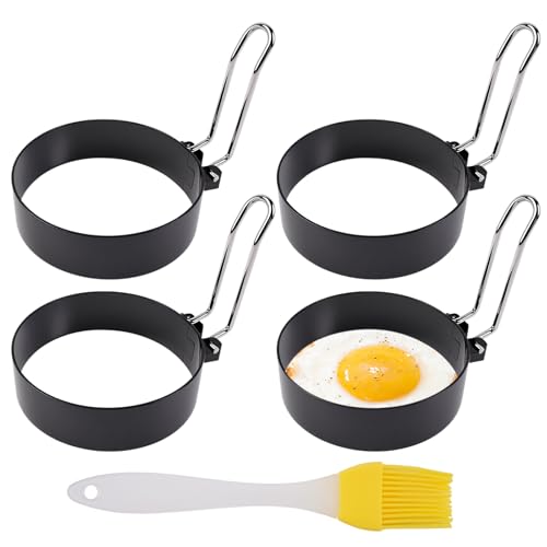 4 Pièces Anneaux D'oeuf Antiadhésifs, avec Brosse en Silicone, Anneaux à œufs en Acier Inoxydable, avec Poignées Pliantes, Moule Pancake pour la Cuisson œuf au Plat Pancakes Omelettes Muffins et Plus