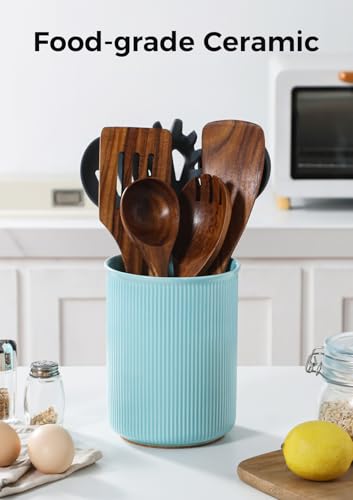 Image of LoeJan Utensil Holder, Extra Large Utensil Crock, Stable Ceramic Utensil Organizer, Cooking Tool Organizer Set for Kitchen Counter Farmhouse Decor, Turquoise