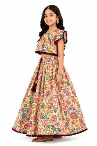 Image of Girls Floral Printed Crop Top and Lehenga Skirt Set