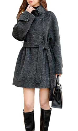 chouyatou Women Wool Blend Overcoat Stand Collar Trench Coat Warm Fall Winter Blazer Jacket Coat with Belt