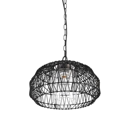 Novogratz x Globe 44759 1-Light Outdoor Plug-in Pendant Light, Black Woven Fabric Shade, Matte Black, Designer Black Fabric Hanging Cord, E26 Base Socket, Kitchen Island, Café, Ceiling Hanging Light by Globe Electric - Image 8