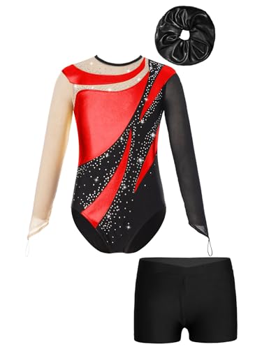 YiZYiF Enfant Fille Justaucorps Gymnastique Strass Manches Longues Léotard Ballet Danse Classique Ensemble Patinage Artistique Costume Performance 5-16 ans Rouge noir 9-10 ans